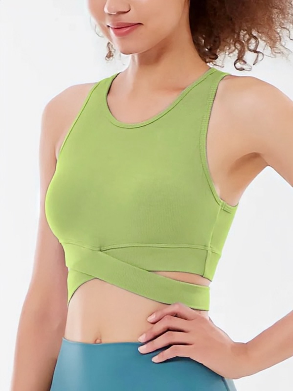 NWT HALARA Stretchy Ribbed Crossover Band Sports Bra in “Celery” Green Size S